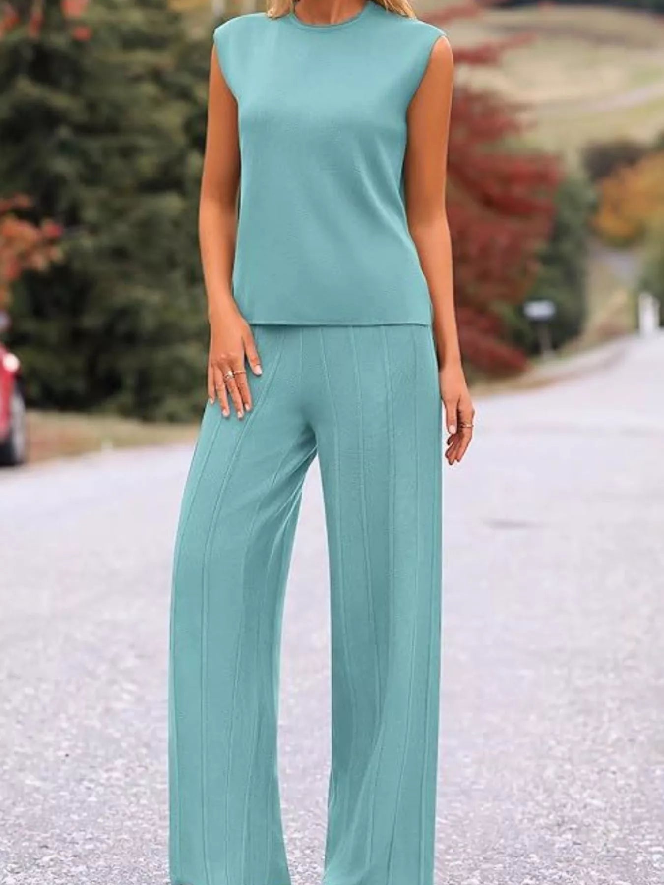Casual Solid Color Cap Sleeve Top and Pants Knit Set