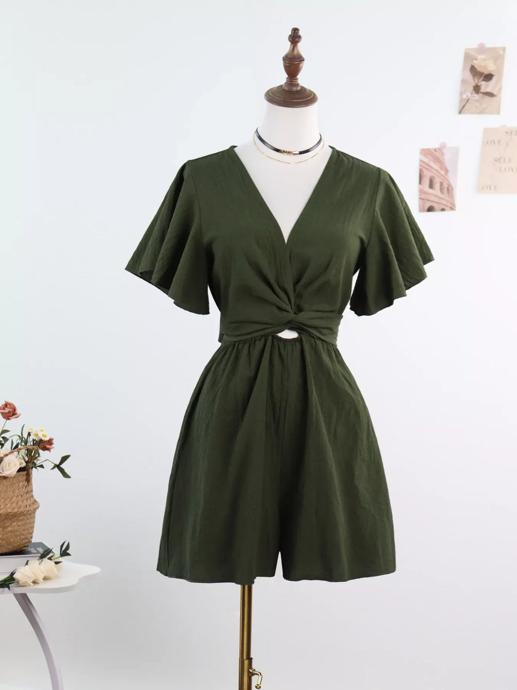 Tie Waist Flutter Sleeve Romper
