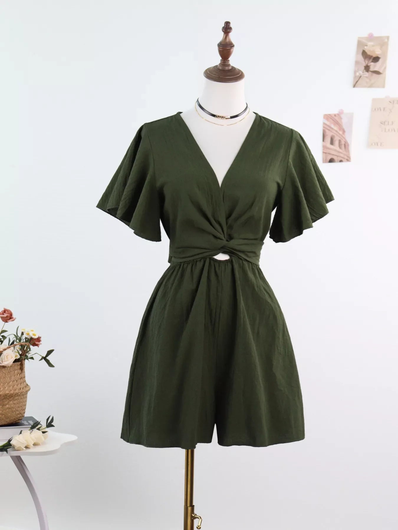Tie Waist Flutter Sleeve Romper