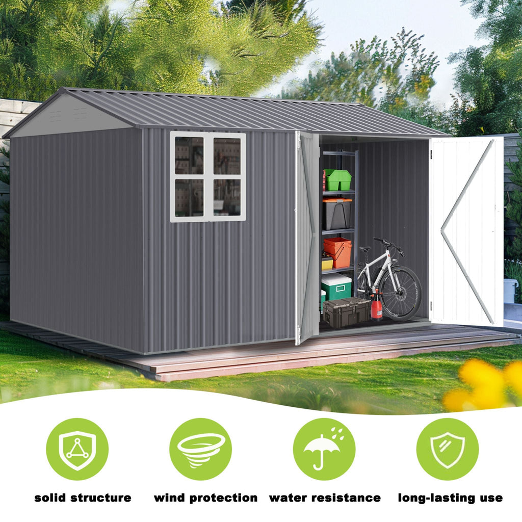[08X10FT] Alora Outdoor Garden Tool Shed With Thickened Galvanized Steel, Sloped Roof, Vents And Double Lockable Doors (SAK66