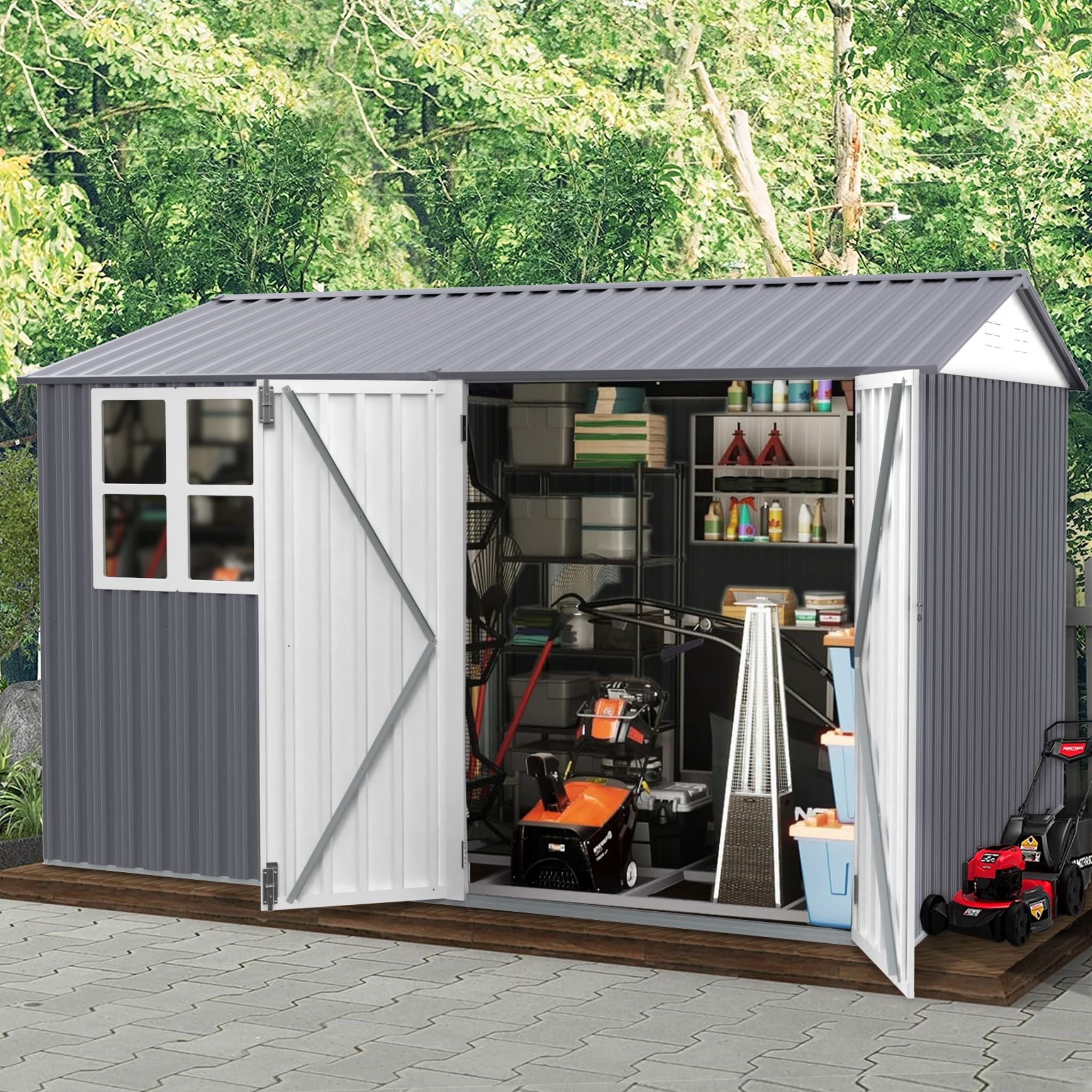 [08X10FT] Alora Outdoor Garden Tool Shed With Thickened Galvanized Steel, Sloped Roof, Vents And Double Lockable Doors (SAK66