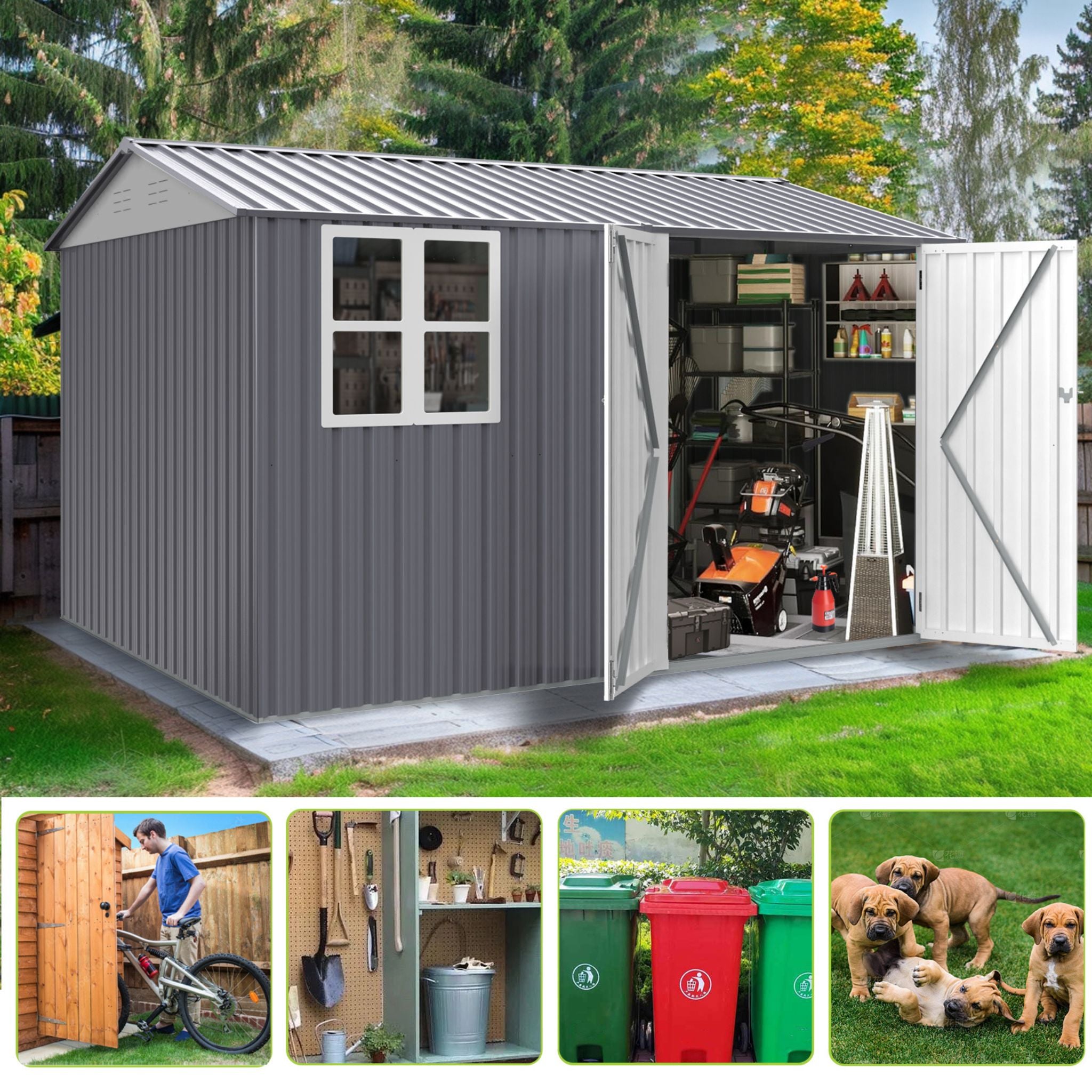 [08X10FT] Alora Outdoor Garden Tool Shed With Thickened Galvanized Steel, Sloped Roof, Vents And Double Lockable Doors (SAK66