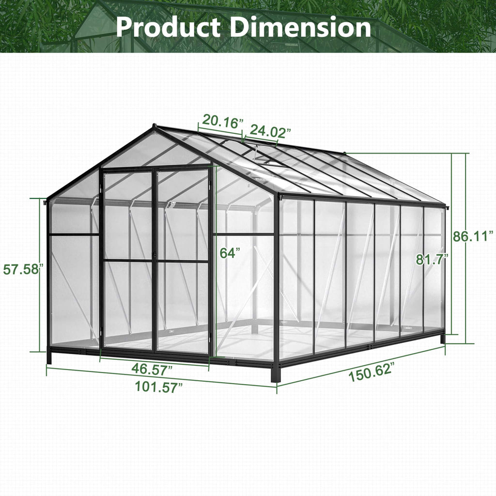 [08X12FT] Large Outdoor Heavy-Duty Polycarbonate Walk-In Greenhouse With Double Swing Doors And Two Ventilation Windows (SAK7