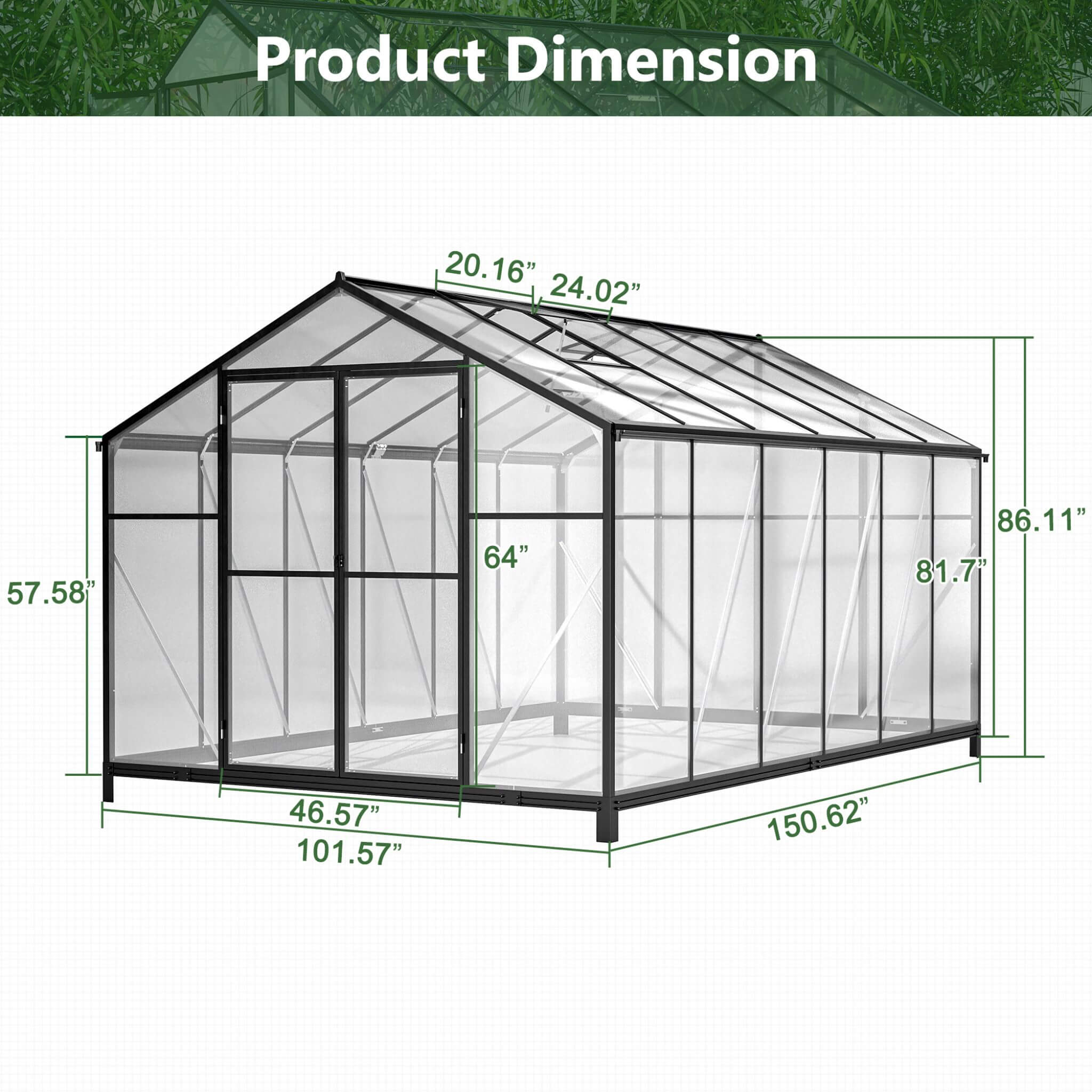 [08X12FT] Large Outdoor Heavy-Duty Polycarbonate Walk-In Greenhouse With Double Swing Doors And Two Ventilation Windows (SAK7