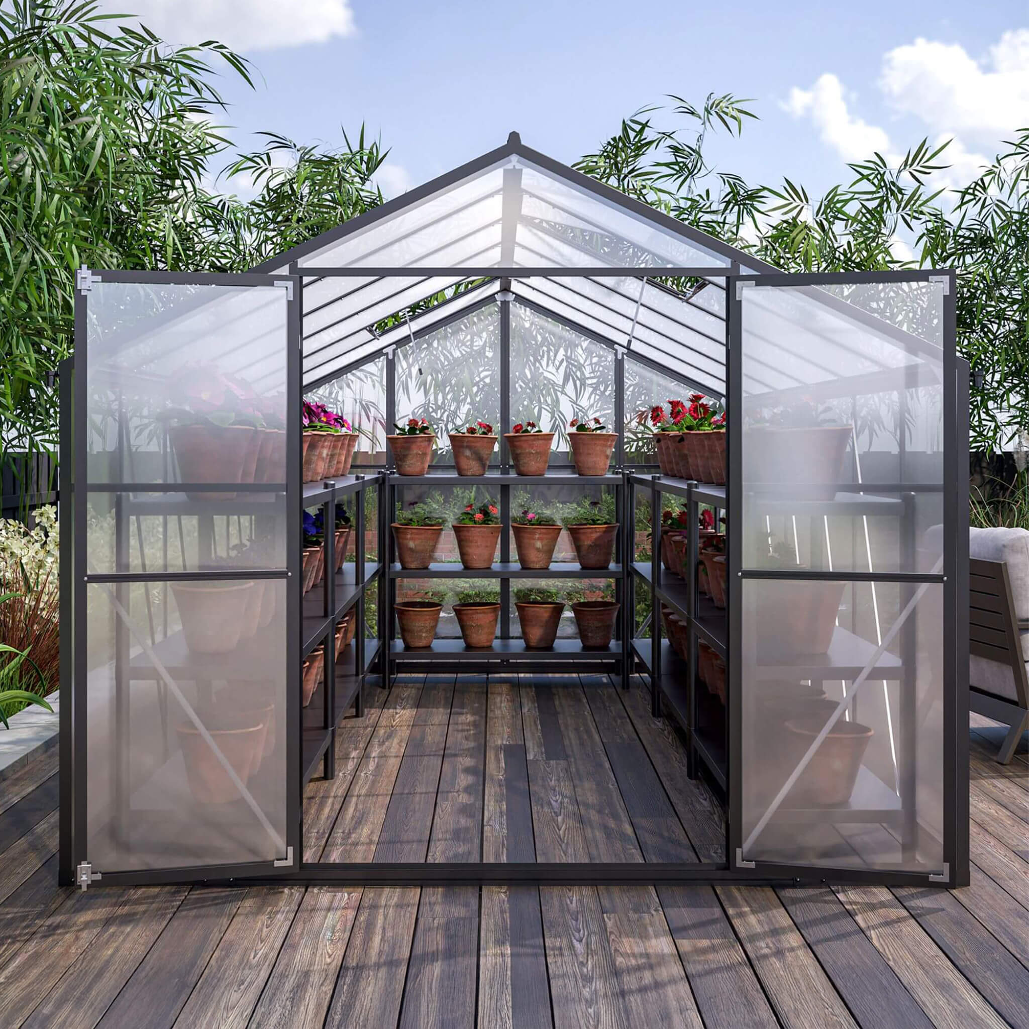 [08X12FT] Large Outdoor Heavy-Duty Polycarbonate Walk-In Greenhouse With Double Swing Doors And Two Ventilation Windows (SAK7