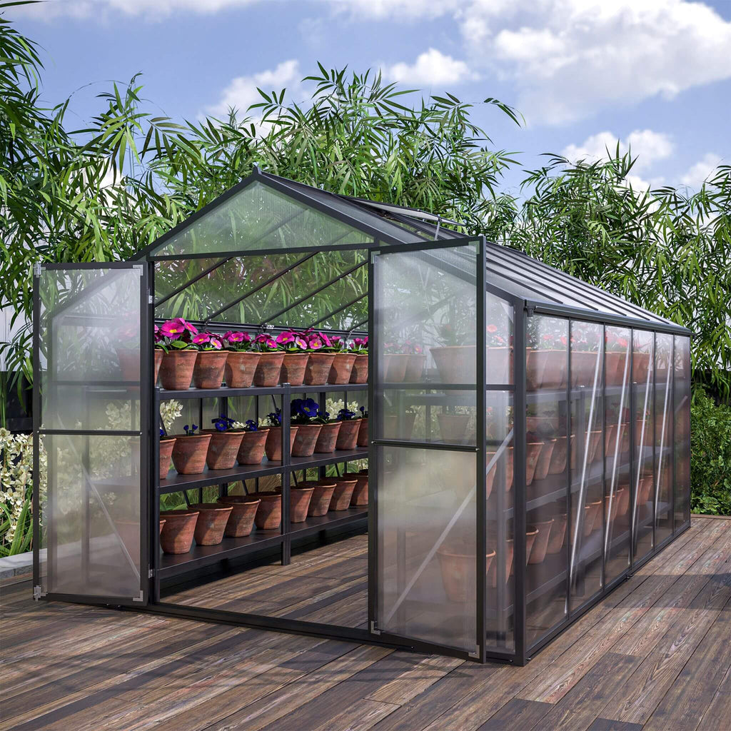 [08X12FT] Large Outdoor Heavy-Duty Polycarbonate Walk-In Greenhouse With Double Swing Doors And Two Ventilation Windows (SAK7