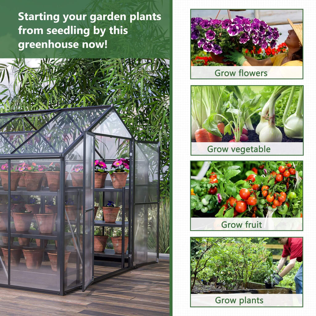 [08X12FT] Large Outdoor Heavy-Duty Polycarbonate Walk-In Greenhouse With Double Swing Doors And Two Ventilation Windows (SAK7
