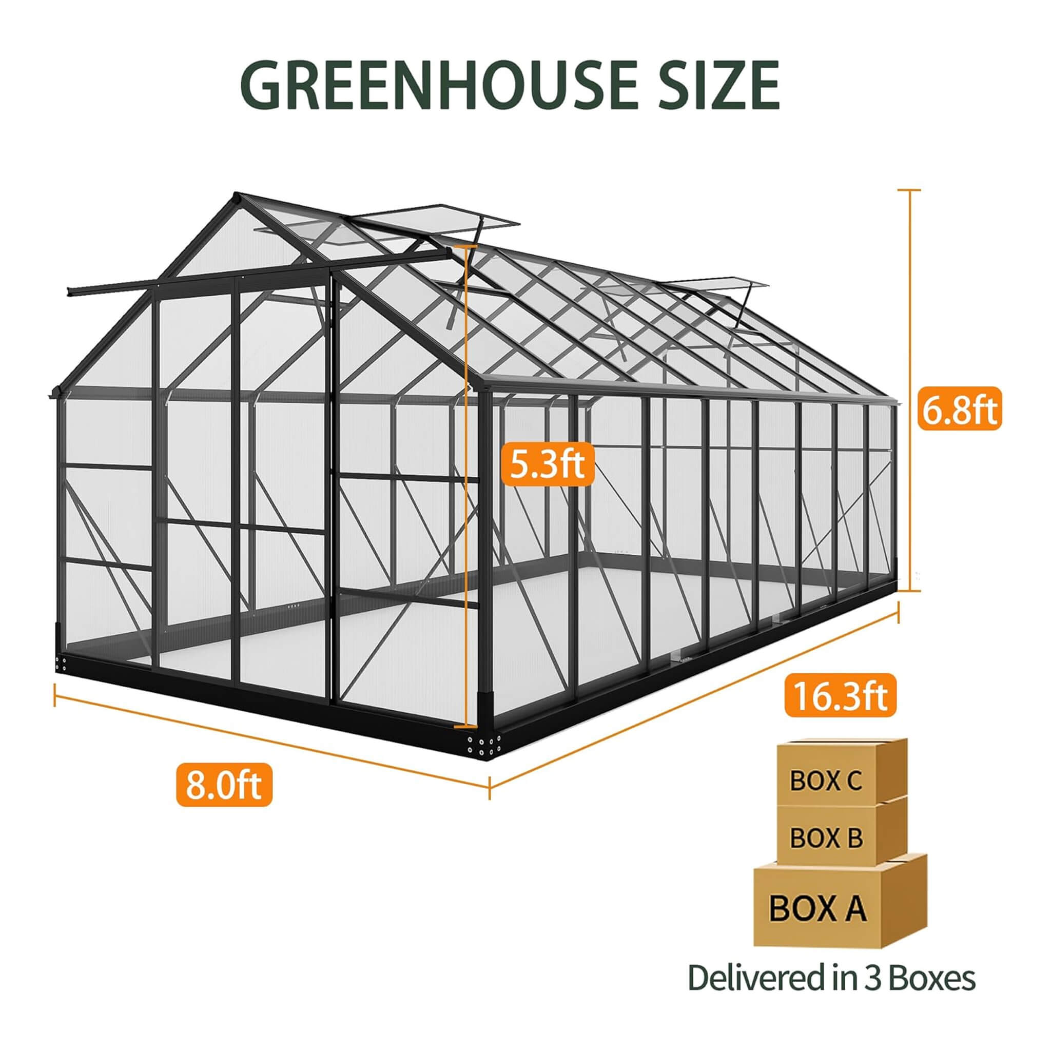 [08X16FT] Premium Outdoor Walk-In Polycarbonate Greenhouse With Roof Vents & Sliding Doors, 4MM (SAK72649) – SAKSBY WHOLESALE
