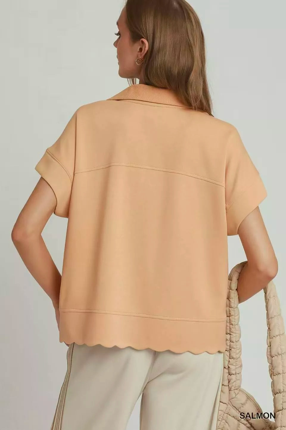 Umgee Half Zip Pullover with Scalloped Edge Hem