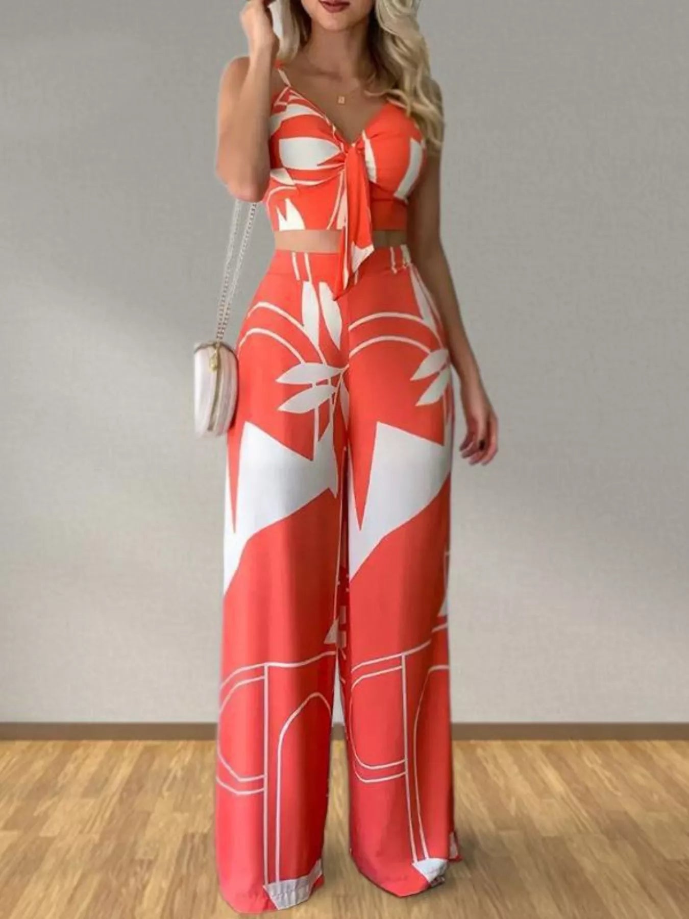 Tropical Print Spaghetti Strap Crop Top and Wide Leg Pants Set