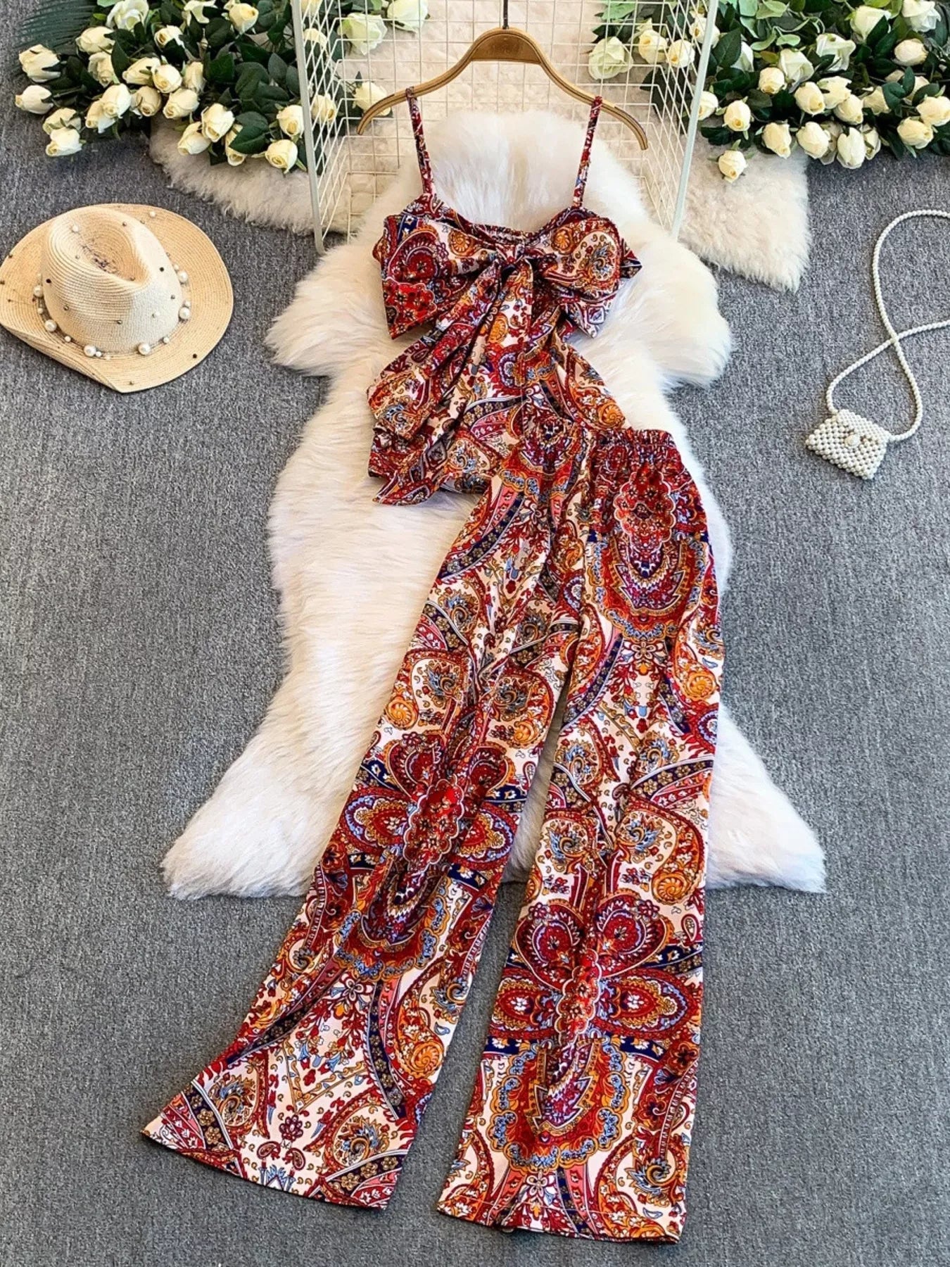 Printed Cami and Wide Leg Pants Set