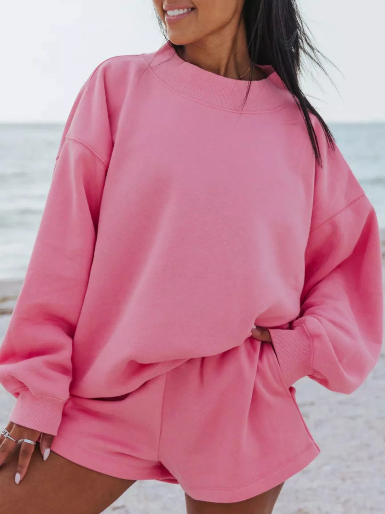 Relaxed Fit Round Neck Sweatshirt and Shorts Set