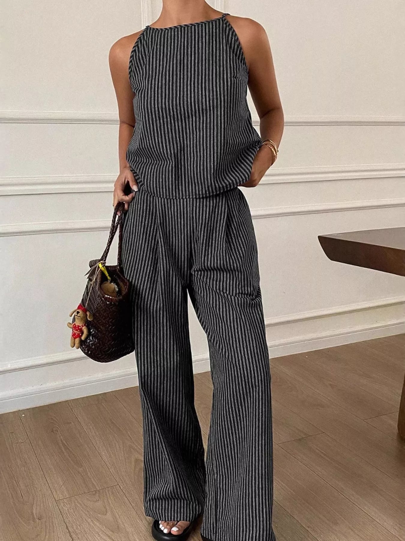 Striped Sleeveless Top and Wide-Leg Pants Set