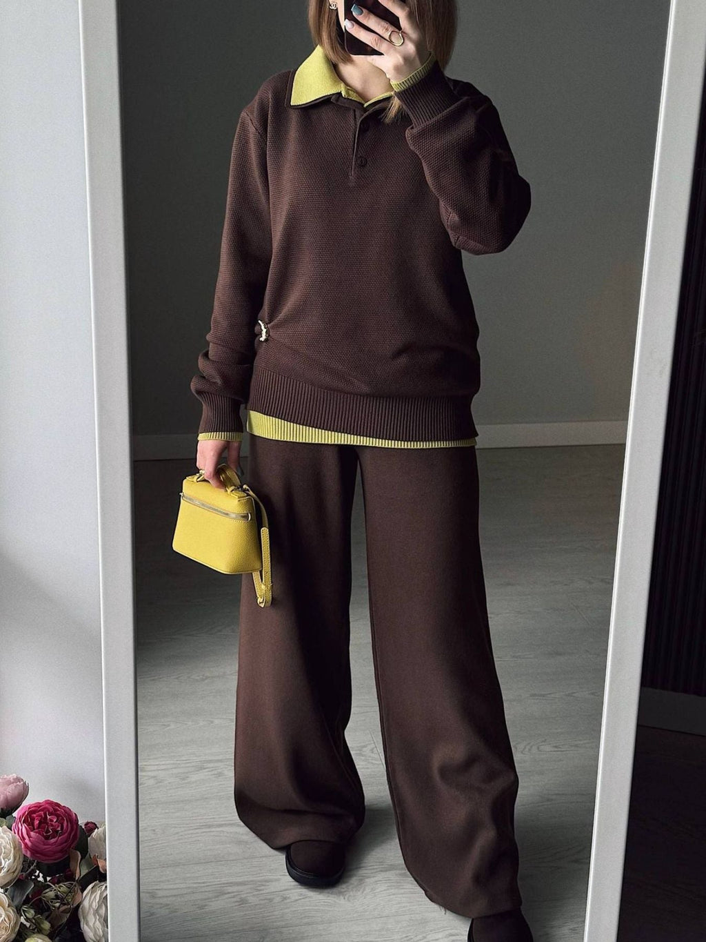 Polo Collar Top and Pants or Skirt Knit Set