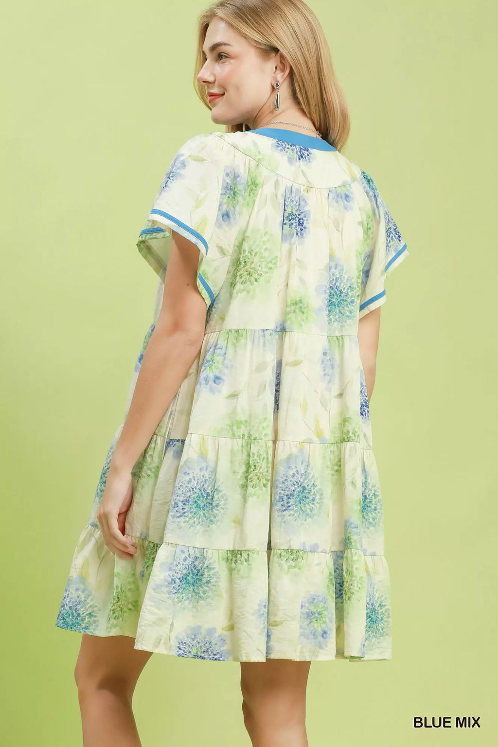 Umgee Floral Print Contrast Trim Tiered Babydoll Dress