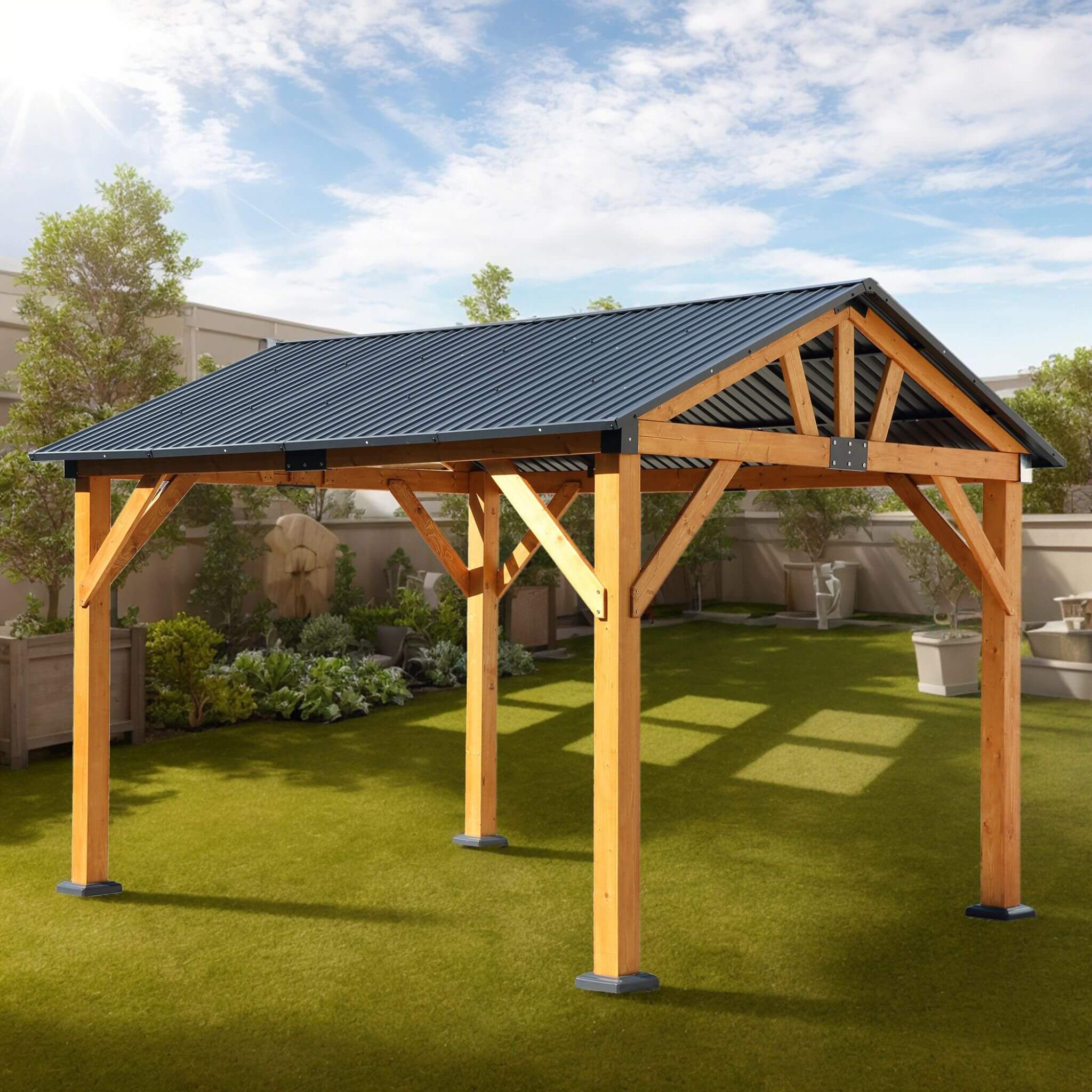 [09X11FT] Alora Heavy-Duty All-Weather Hardtop Wooden Carport Gazebo With Galvanized Steel Roof (SAK39187) – SAKSBY WHOLESALE
