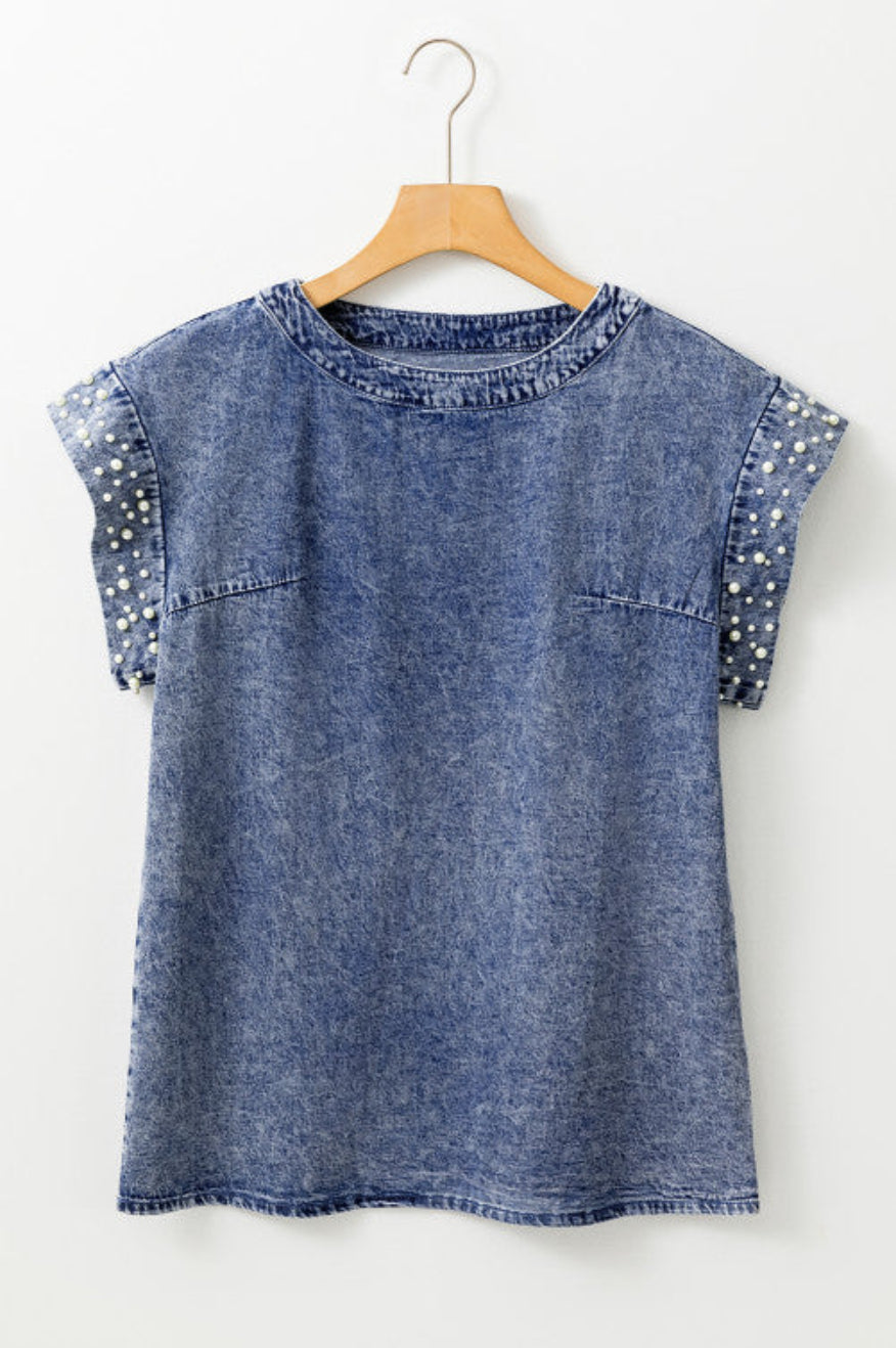 Pretty Little Patriot Pretty Little Patriot Pearl Embellished Denim Top — product category context