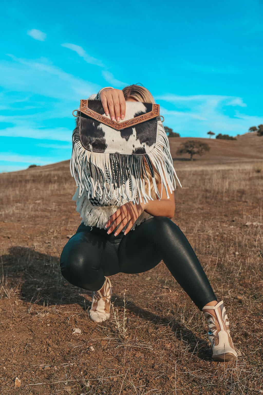 Haute Southern Hyde Maria Cowhide Fringe Purse — construction detail