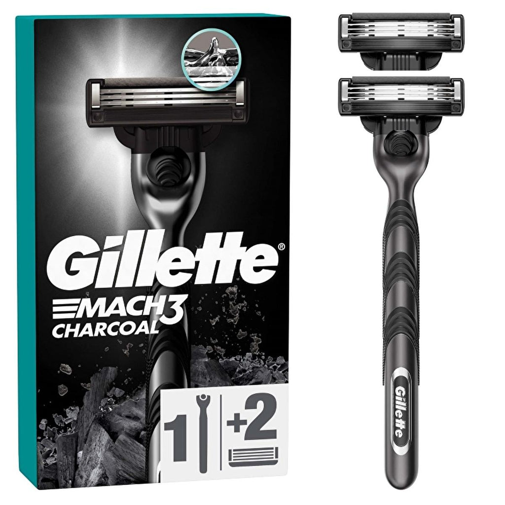 Gillette Mach3 Charcoal Razor Shaving Kit for Men - 3 Steel Blades, Microfine Protectors, Smooth Shave