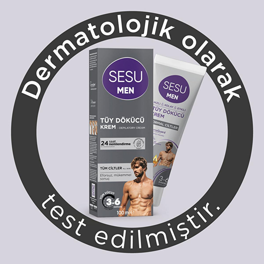 Sesu Men's Hair Removal Cream for Sensitive Skin - 3-6 Minute Quick Hair Removal, Dermatologically Tested, Vitamin E Enriched - 3.38 fl oz