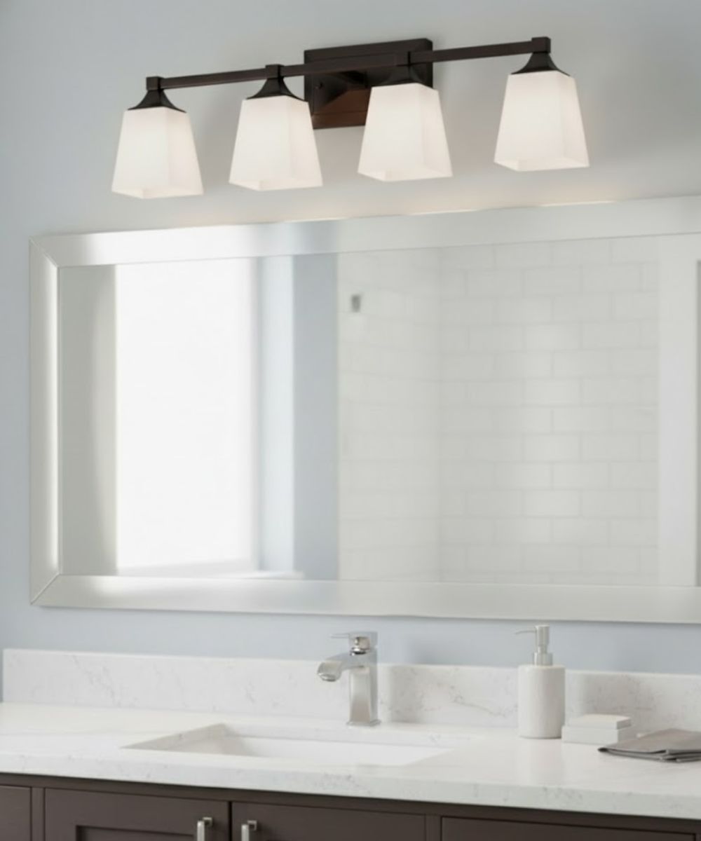 27"W 4-Light LED Bath Vanity Light Fixture Oil Rubbed Bronze Finish with Square Glass Shades – LampsUSA, view 2
