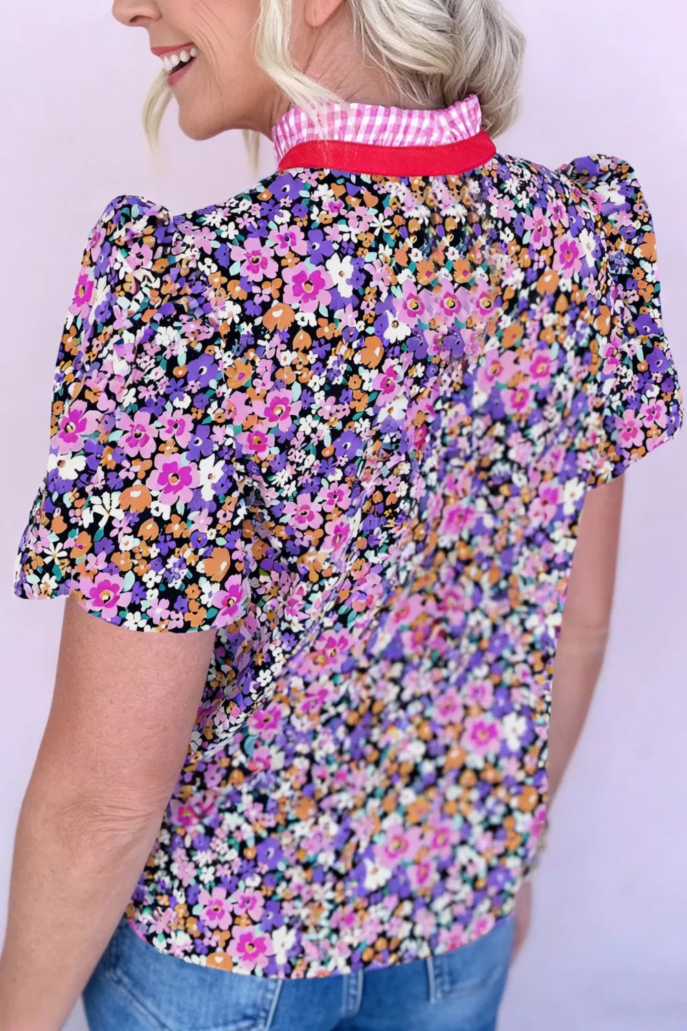 Ditsy Floral Print Plaid Colorblock Trim V Neck Blouse