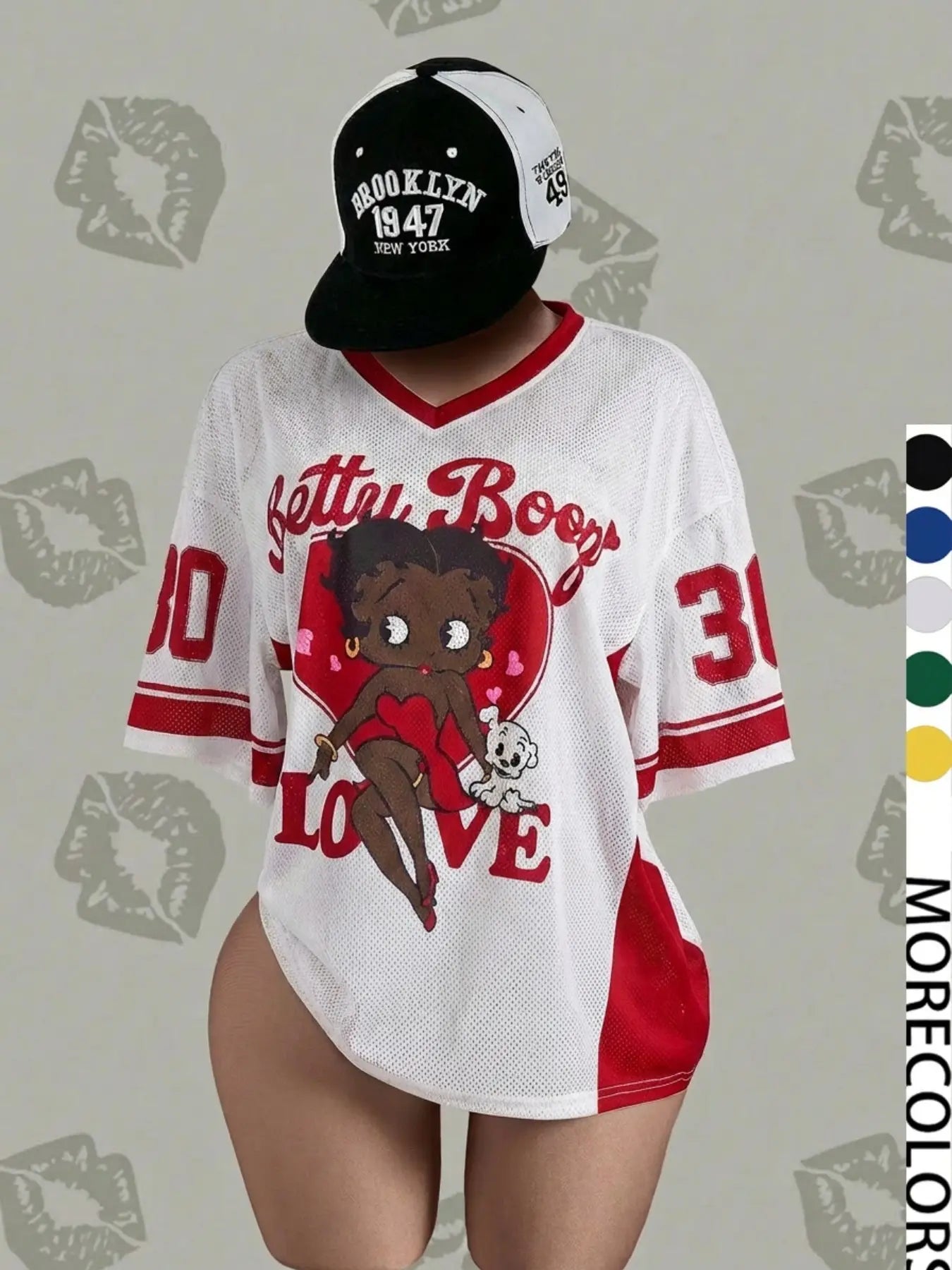Streetwear Y2K Mesh Top – Vintage Doll Print V-Neck Shirt, Breathable Retro Aesthetic for Women
