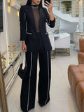 Contrast Trim Blazer & Wide Leg Pants Set
