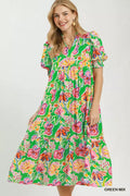 Umgee Floral Print Puff Sleeve Tiered Midi Dress