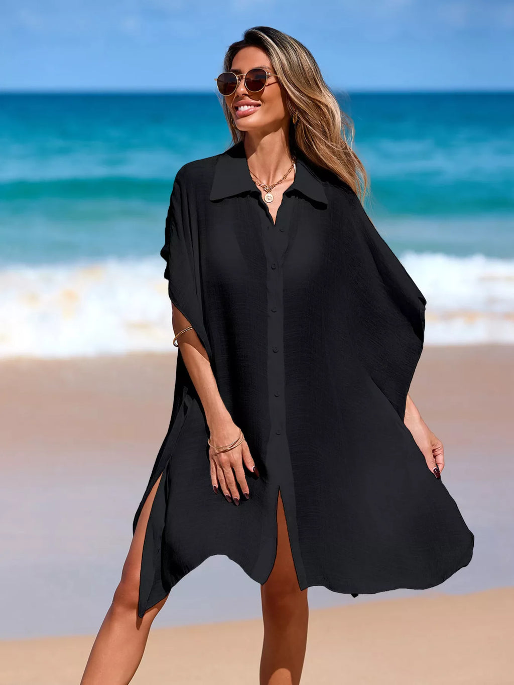 Relaxed Fit Button Up Cover-Up Dress