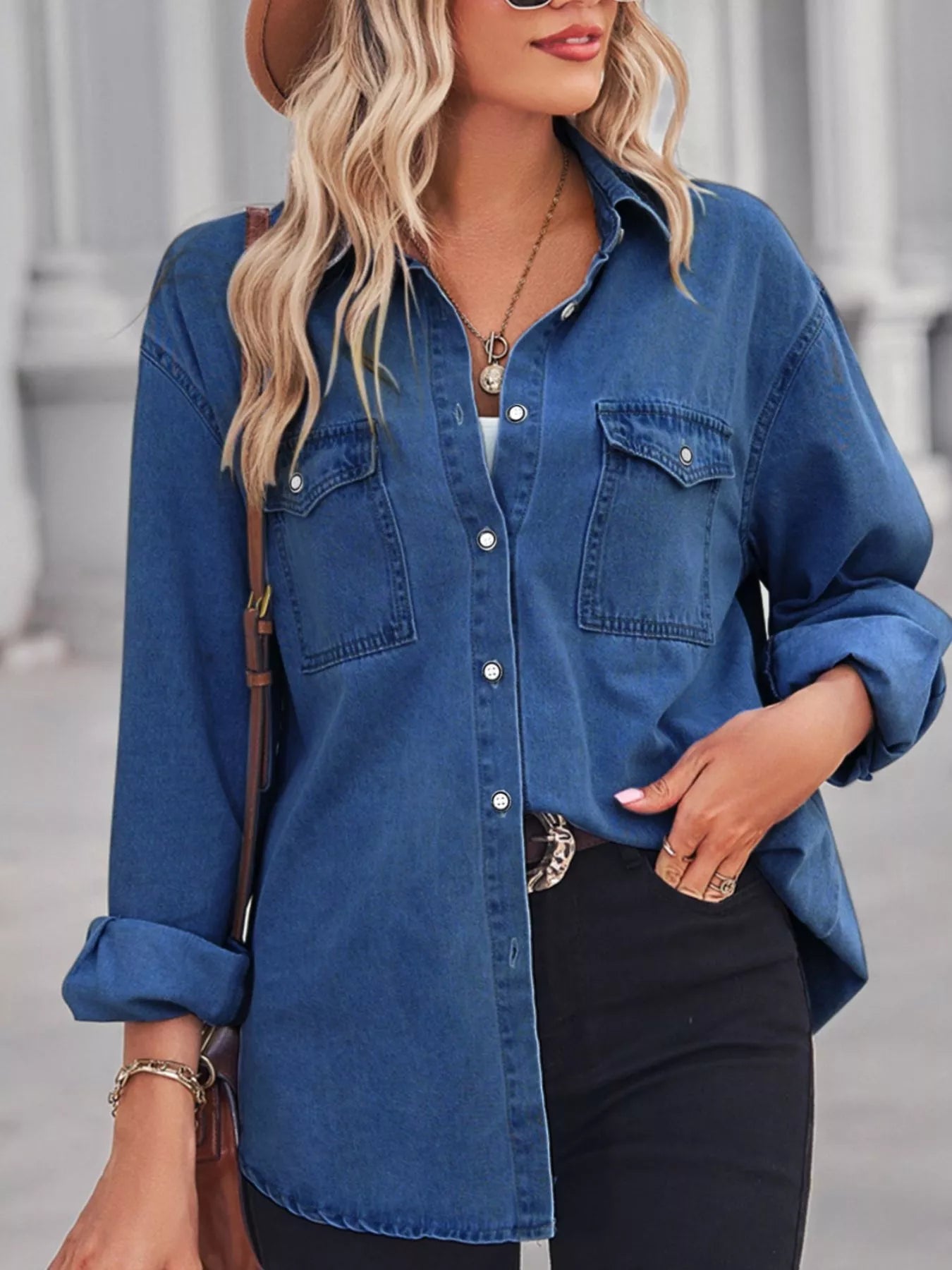 Button Down Washed Denim Shirt with Chest Pockets