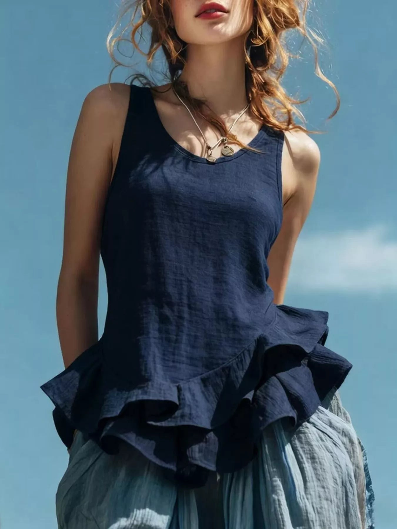 Ruffled Hem Round Neck Tank