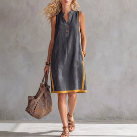 Women's Sleeveless V-Neck Button-Front Pocketed A-Line Midi Dress