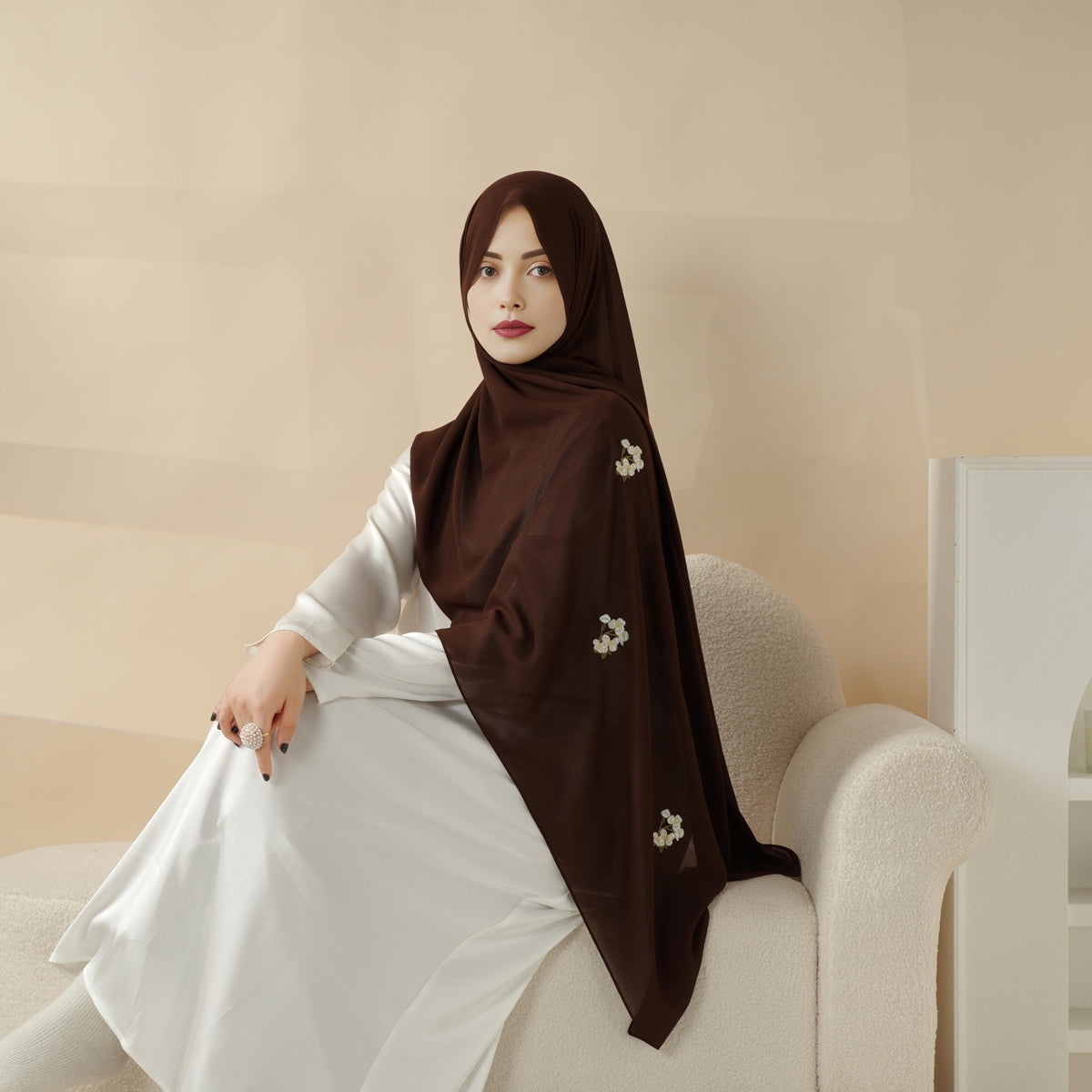 Mariam's Collection Plain Chiffon Shawl Hijab With Embroidery, Extra-Fine Embroidered Hijab (MH077) — detail shot 10