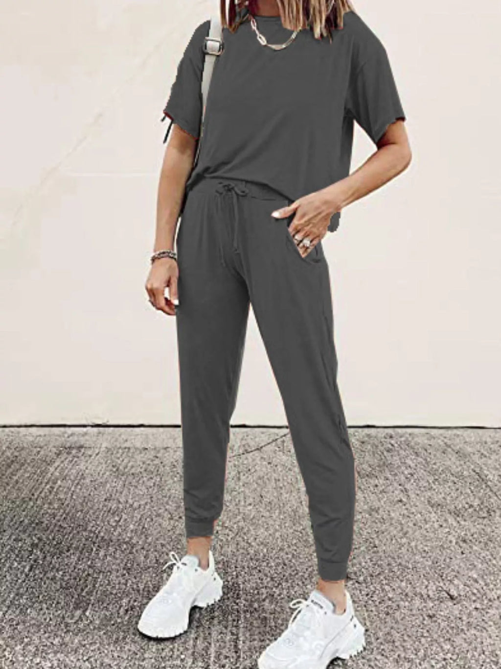Full Size Round Neck Top and Drawstring Pants Set Plus Size