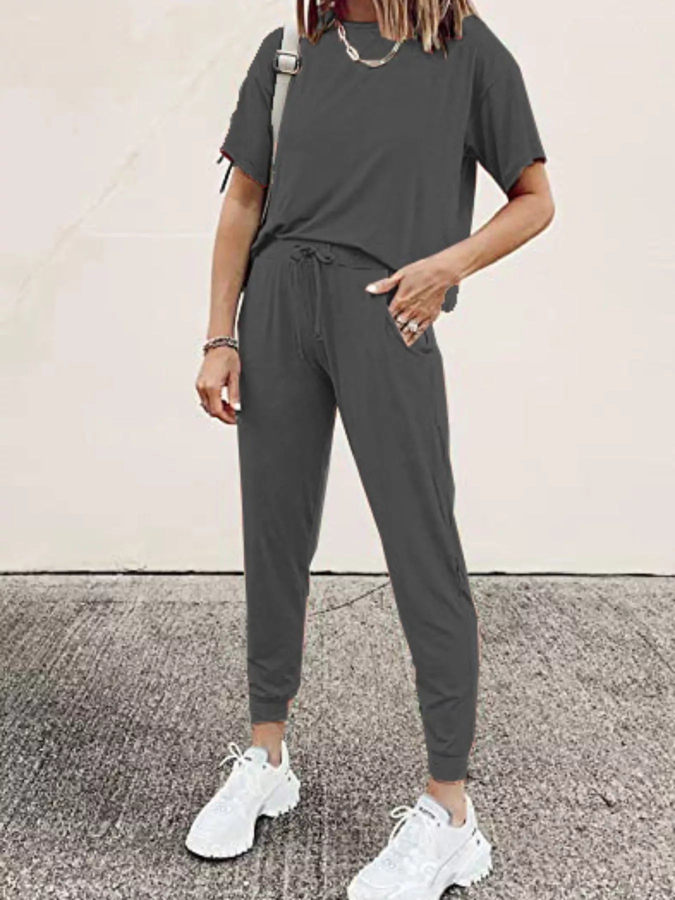 Full Size Round Neck Top and Drawstring Pants Set Plus Size
