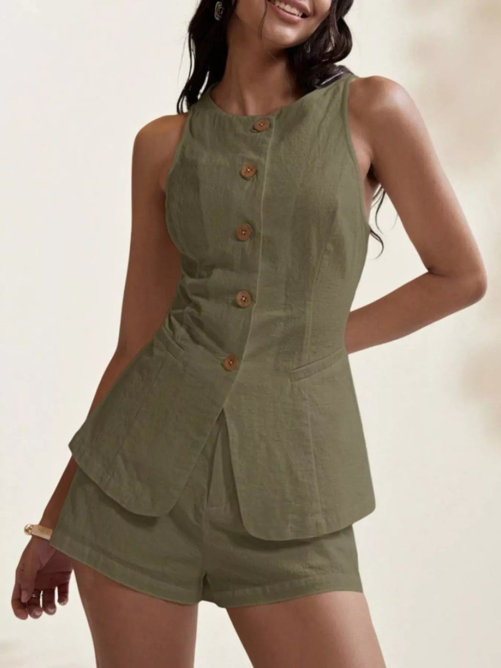 Button-Down Sleeveless Top and Shorts Set