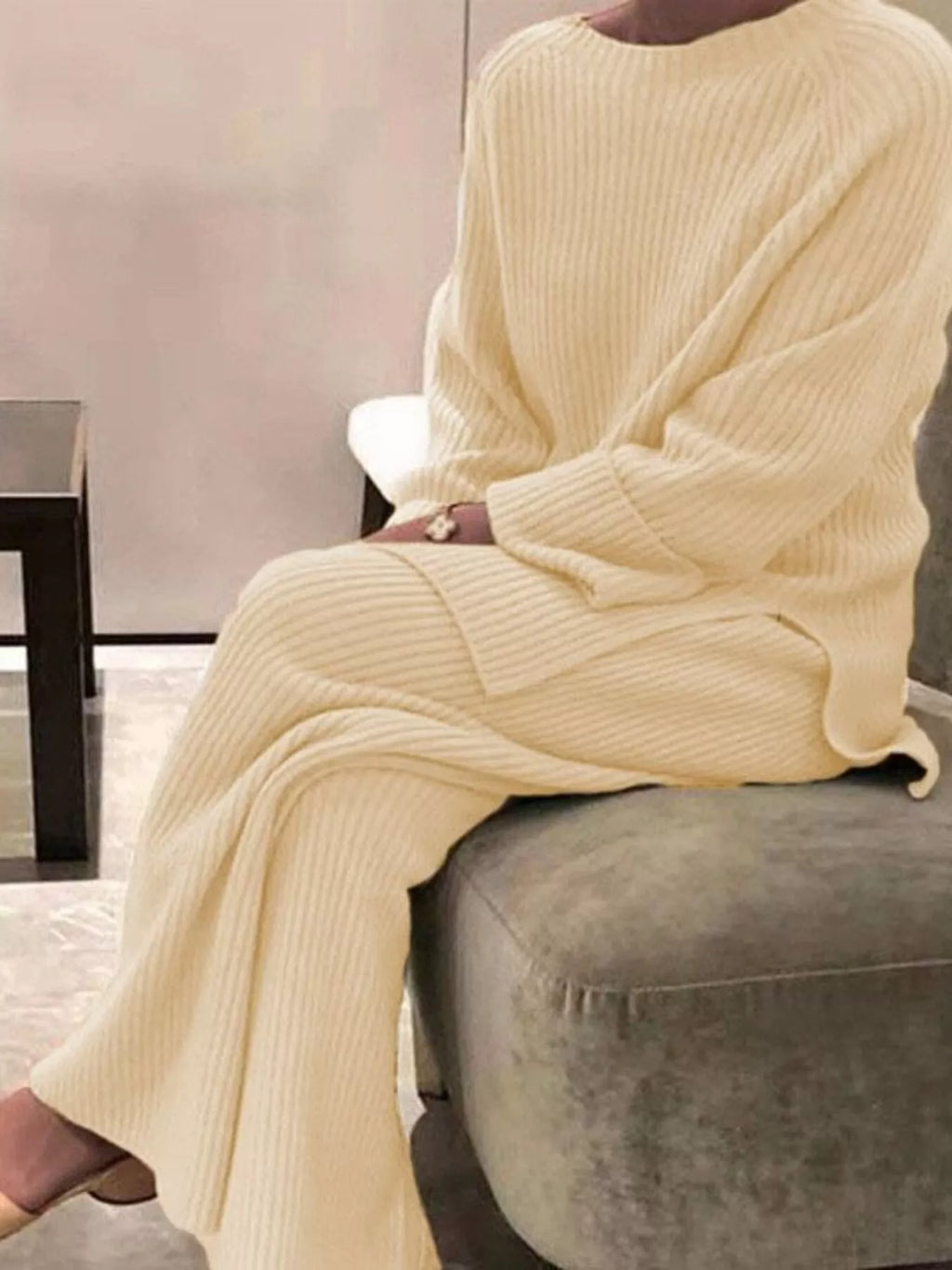 Full Size Ribbed Knit Relaxed Fit Top and Pants Sweater Set Plus Size