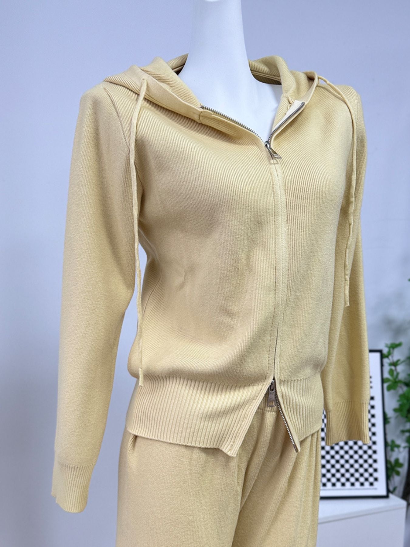 Zip Up Cardigan and Drawstring Wide Leg Pants Knit Set