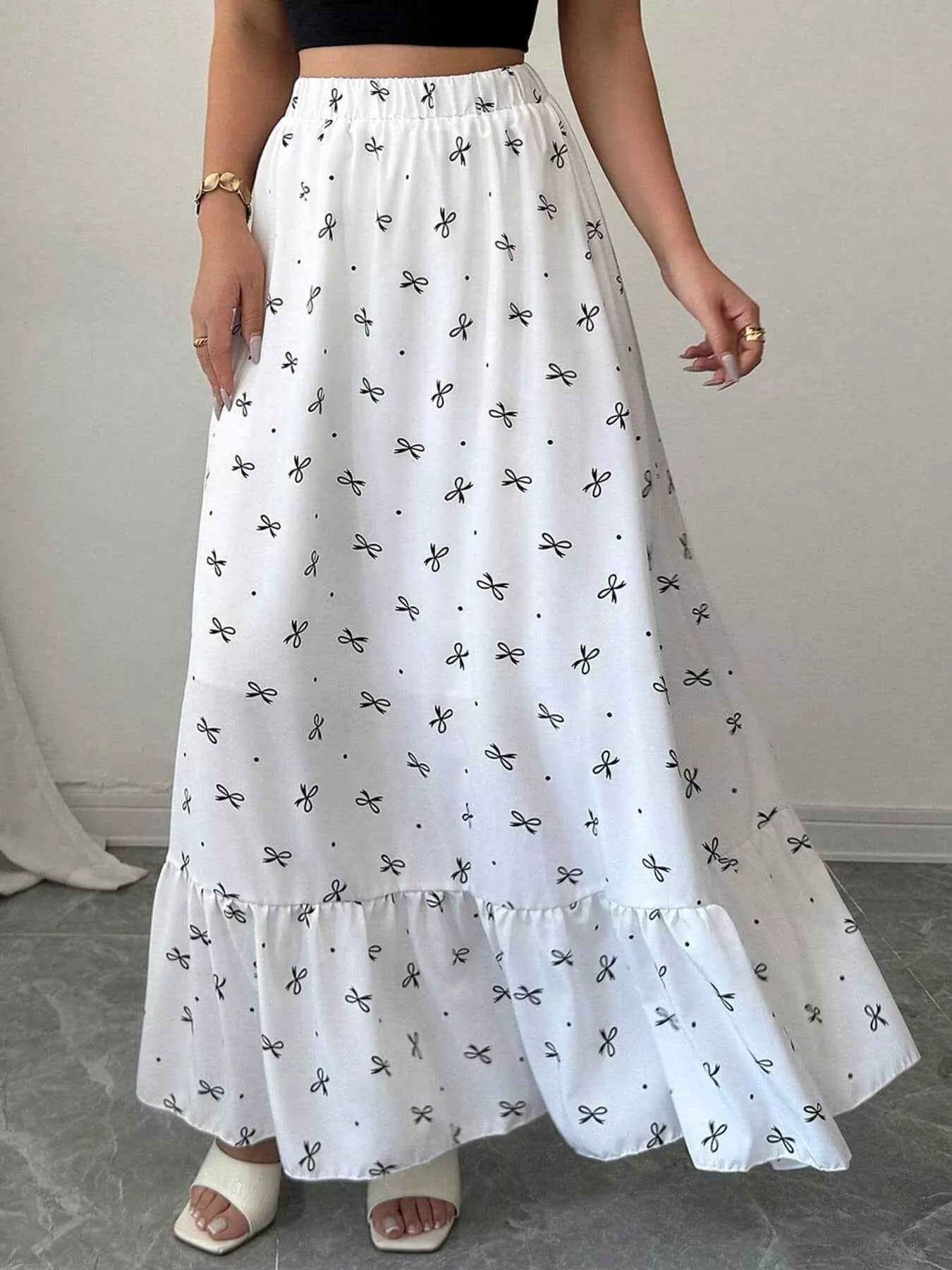Bowknot Print Ruffle Hem Maxi Skirt