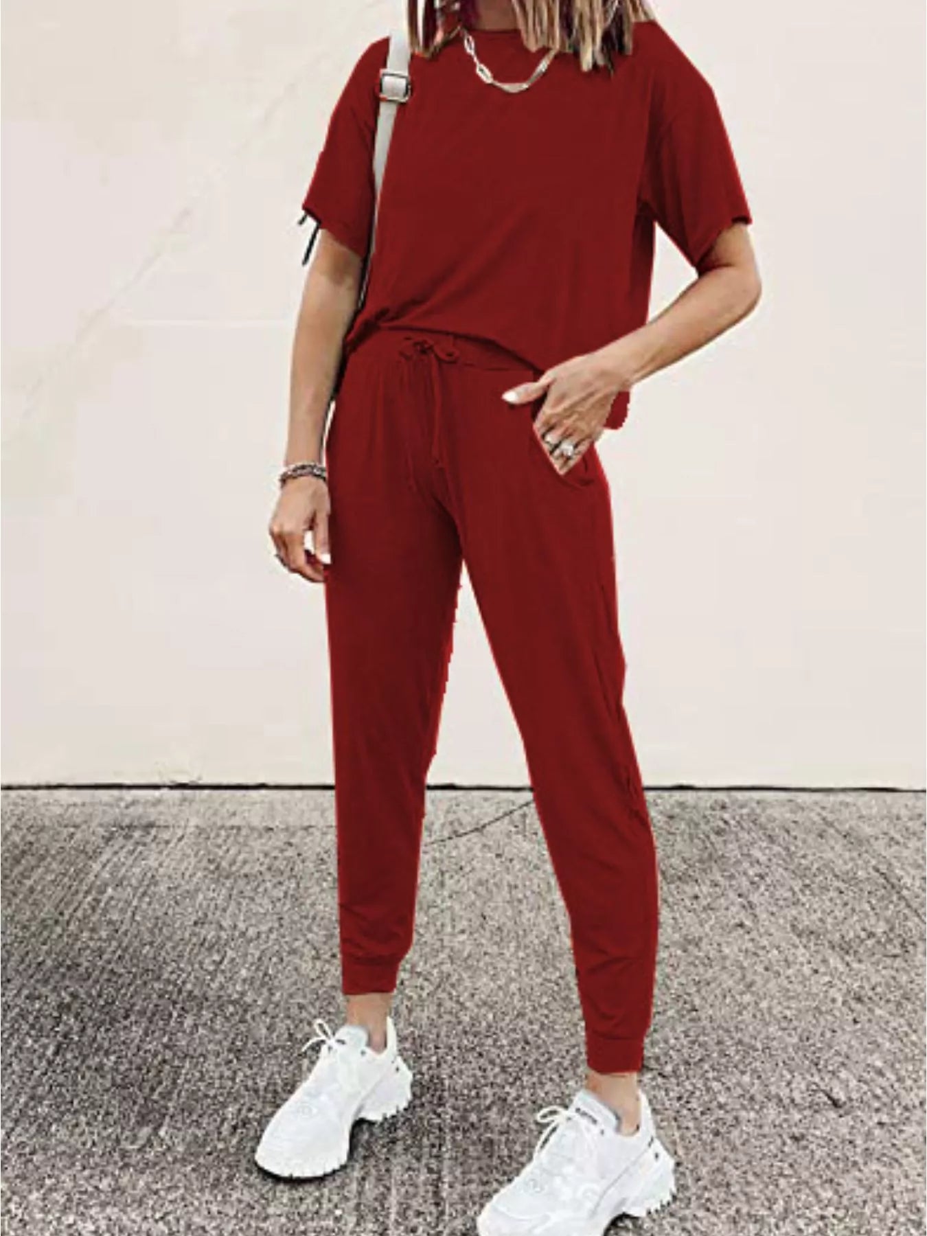 Full Size Round Neck Top and Drawstring Pants Set Plus Size