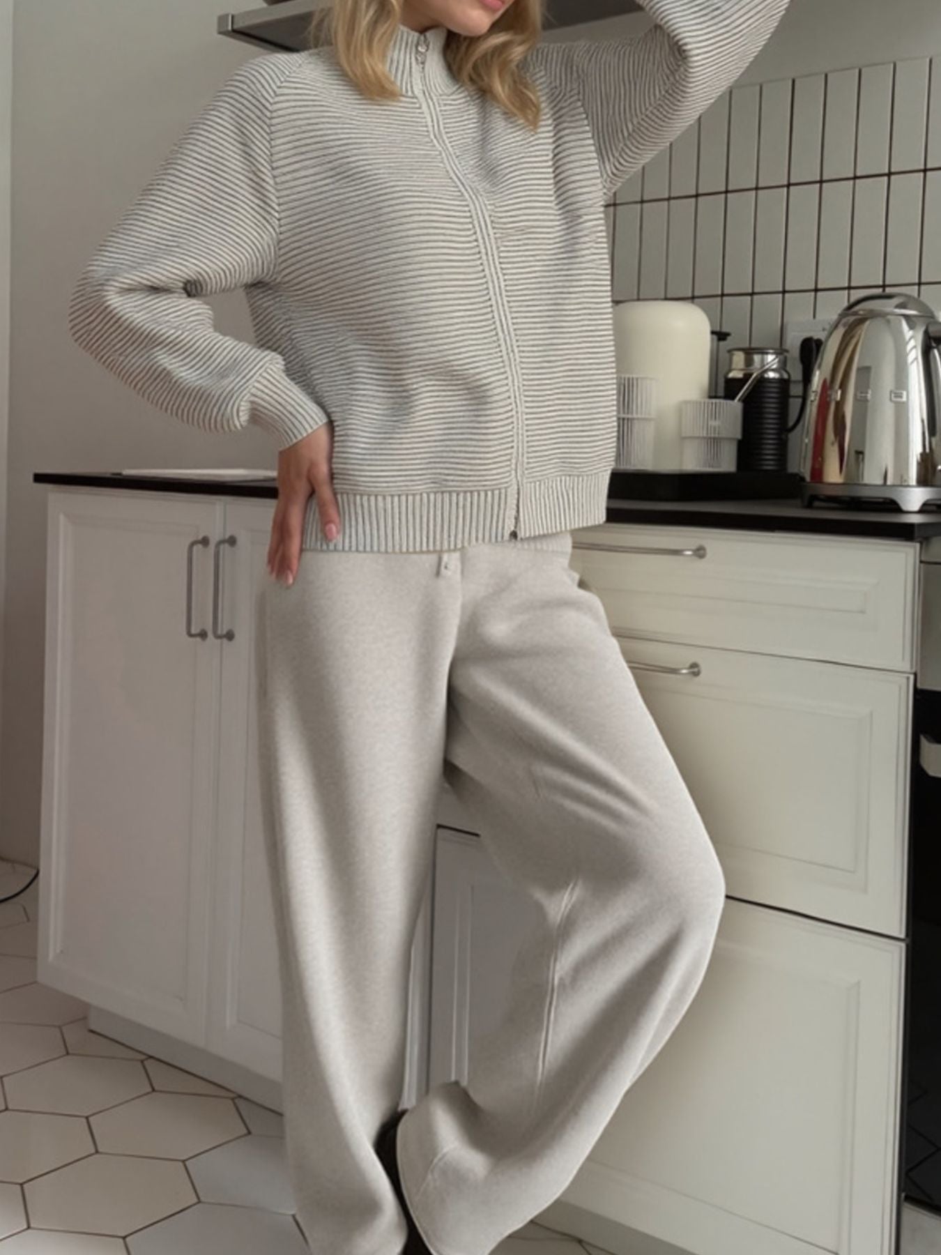 Casual Knit Zip-Up Cardigan and Wide-Leg Pants Set