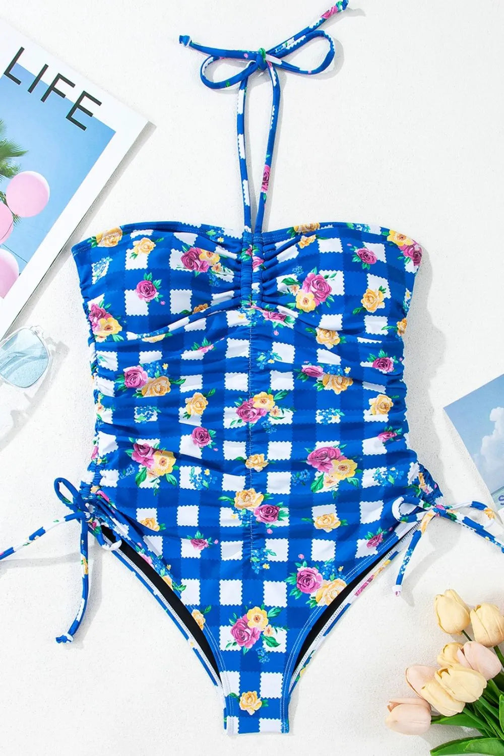 Floral Gingham Halter Neck Drawstring One Piece Swimwear