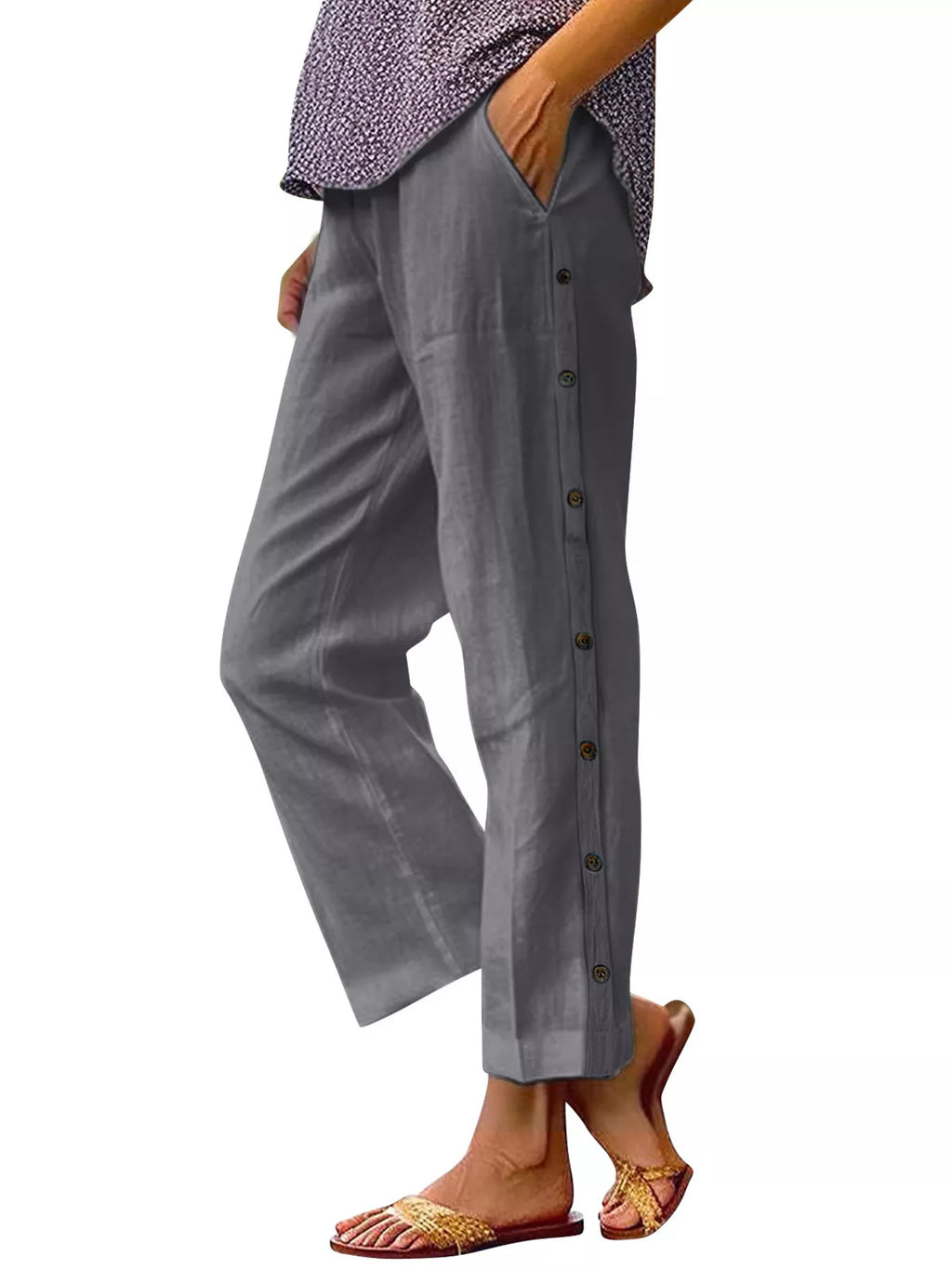 Full Size Side Button Decor Pants Plus Size