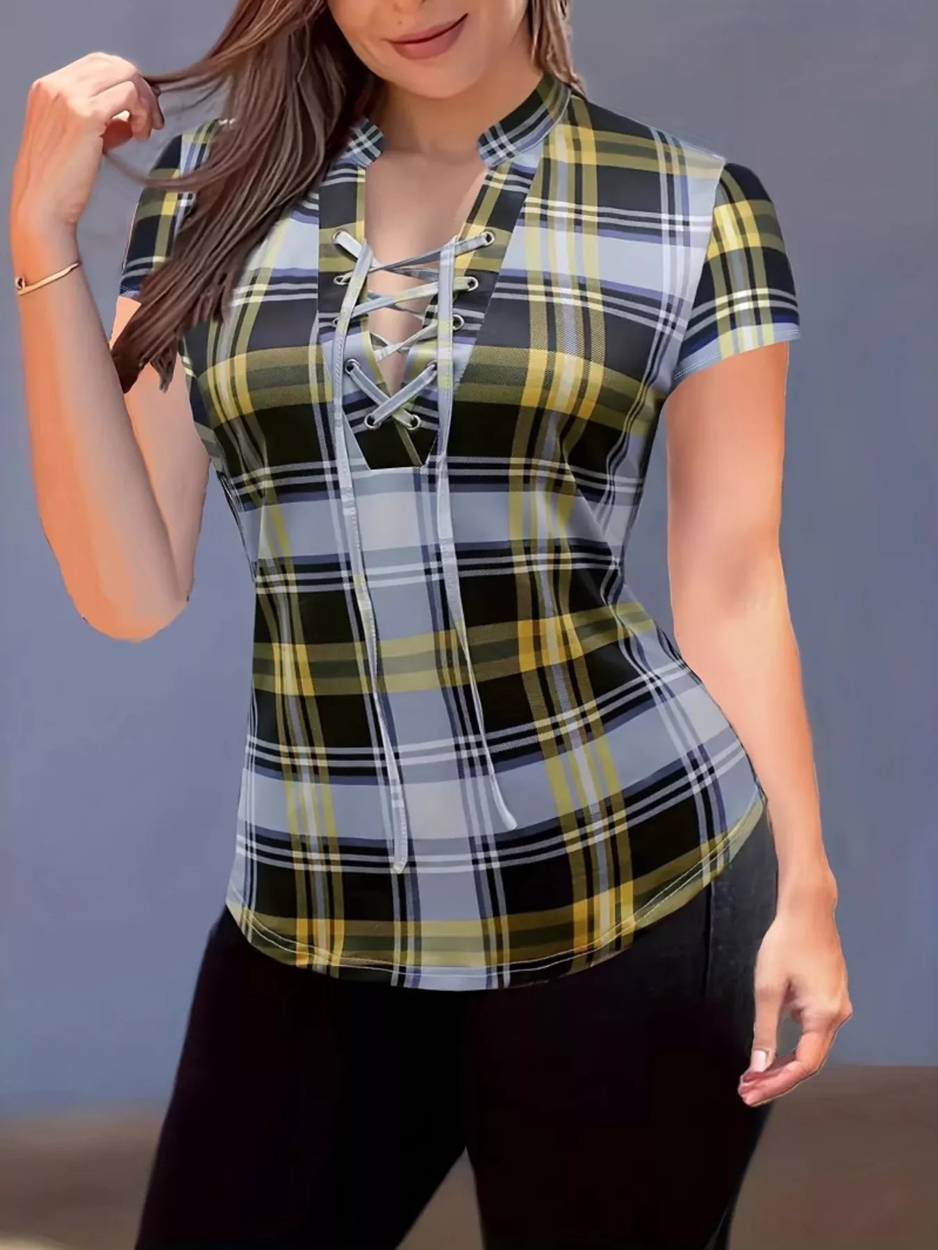 Plaid Lace-Up Short Sleeve Blouse