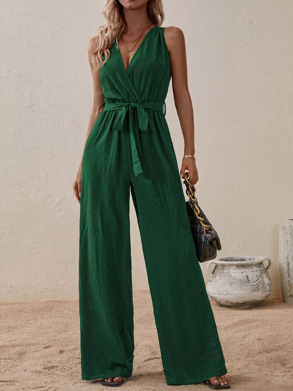 Sleeveless Tie Waist Wide Leg Jumpsuit