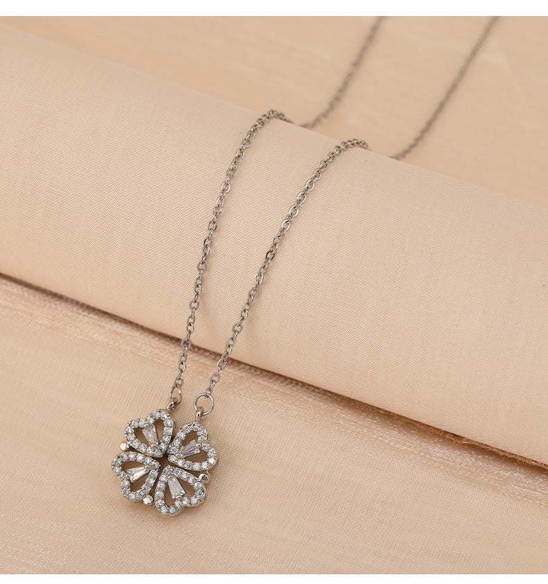 SORI STYLE Four-Leaf Clover Hearts Necklace — detail close-up