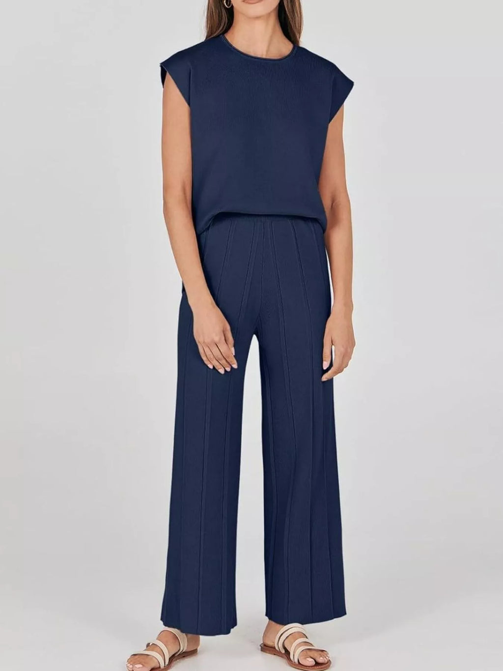 Casual Solid Color Cap Sleeve Top and Pants Knit Set