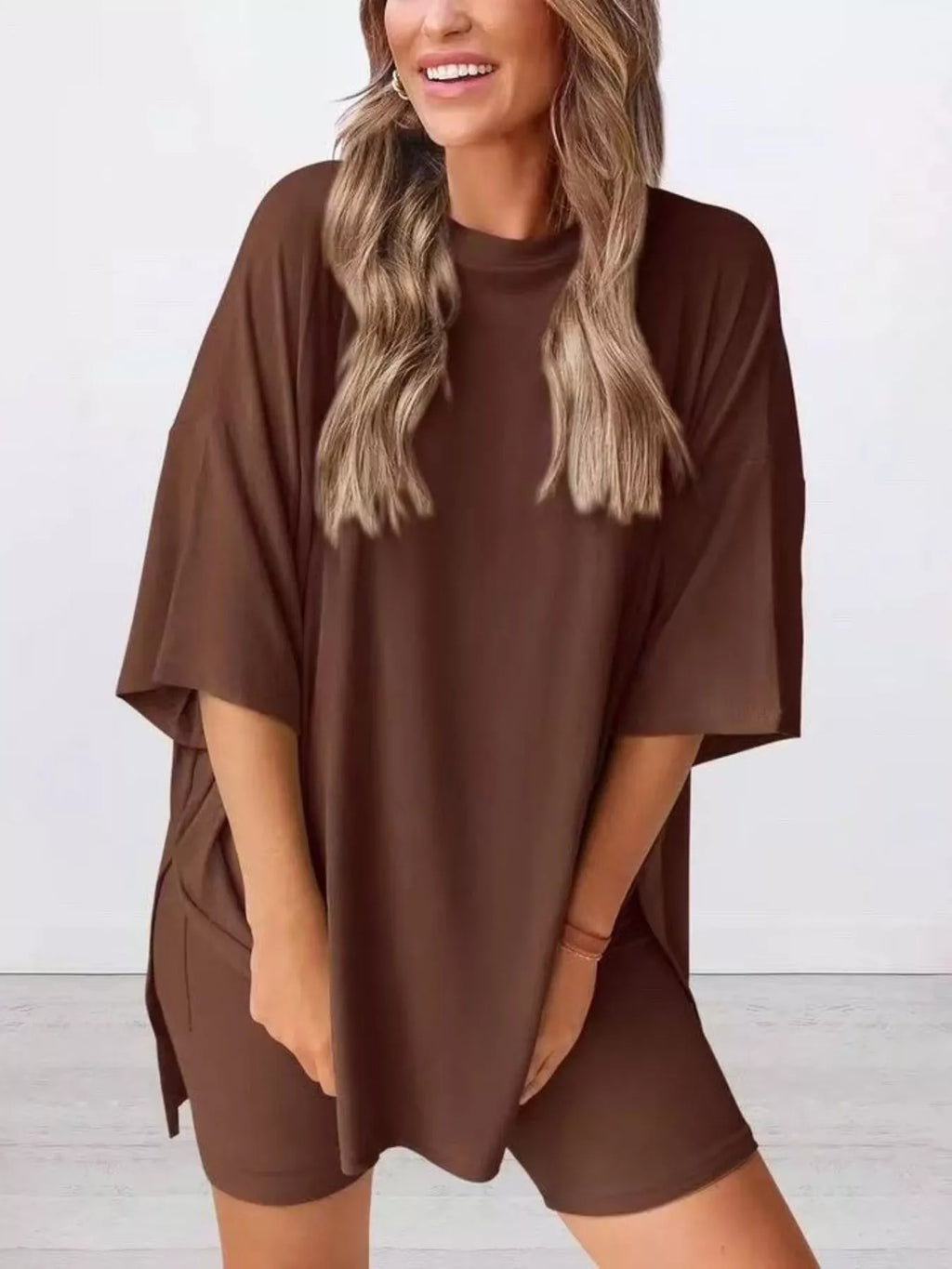 Full Size Relaxed Fit Round Neck Top and Shorts Two-Piece Set Plus Size