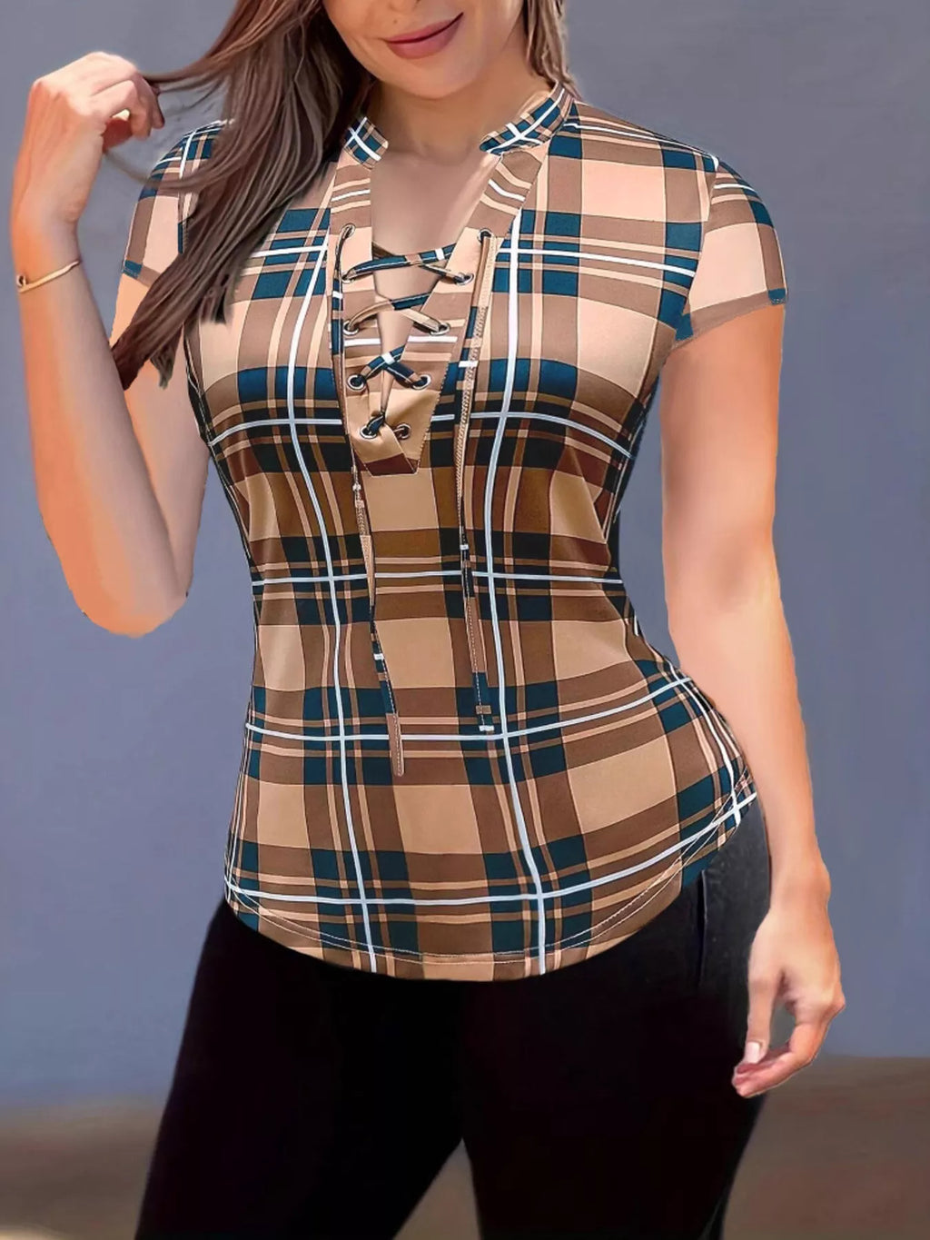 Plaid Lace-Up Short Sleeve Blouse